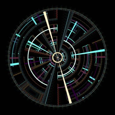 Merkezi Geometri serisi. Radyal geometri, bilim, fraktal tasarım, matematik ve görselleştirme konularındaki canlı dairesel mandalanın görselleştirilmesi.