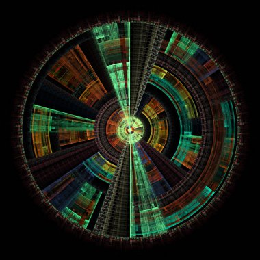 Fraktal disk serisi. Kaos teorisi, sanat, bilim, fraktal geometri, tasarım ve fraktal alev görselleştirmesi üzerine parlayan merkezi bir tasarım..