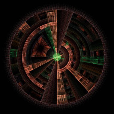 Radyal simetri serisi. Bilim, matematik, fraktal tasarım, radyal geometri ve görselleştirme konularındaki soyut teknolojik verilerin örüntüsü.