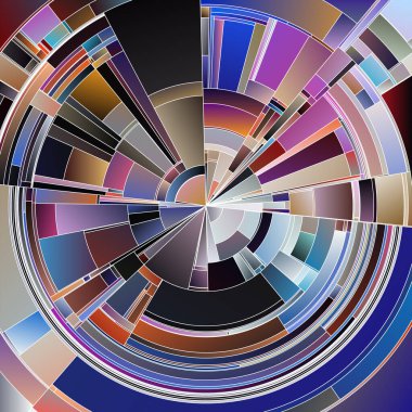 Çarkıfelek serisi. Görselleştirme, bilim, sanat, renk teorisi ve konsept tasarım konularında dinamik tonsal varyasyonlar ve parçalanmış şekiller ile geometrik kavislerin yayılması.