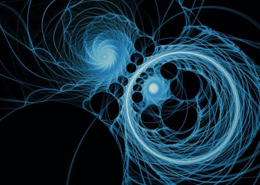 Fraktal Geometri serisi. Fraktal tasarım, bilim, görselleştirme, geometri ve matematik konularındaki zıt arkaplan üzerinde mavi ışık desenleri dalgalanıyor.