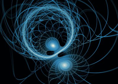 Fraktal patika serisi. Kaos teorisi, sanat, bilim, tasarım, geometrik görselleştirme ve fraktal geometri konularında dışa doğru genişleyen narin mavi filigran..
