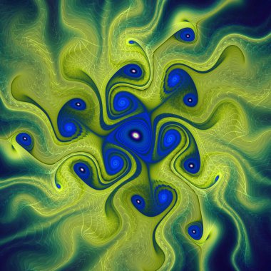 Fraktal girdap serisi. Akış görselleştirme, fraktal geometri, kaos teorisi, sanat, bilim ve tasarım konularında dönen gök cisimlerinin canlı bir tasviri.