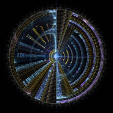 Fraktal Disk serisi. Bilim, kaos teorisi, fraktal geometri, tasarım, sanat ve fraktal alev görselleştirme konularındaki soyut teknolojik verilerin yapısı.