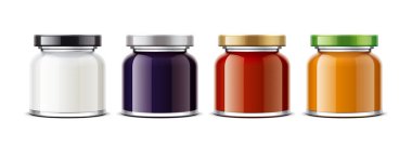 Kavanoz mockup süt gıdalar, lezzetli ve soslar için temizleyin. Küçük boy