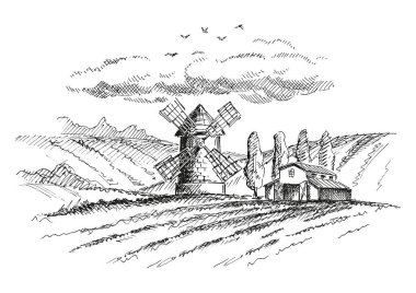 Rural landscape with mill and farm. Version clipart