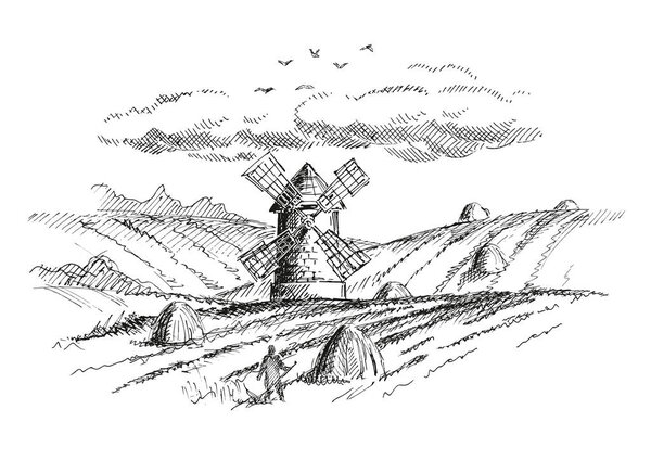 Деревенский пейзаж с мельницей. Версия
