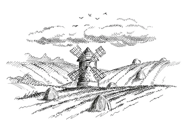 Paysage Rural Avec Moulin Version Anglaise — Image vectorielle