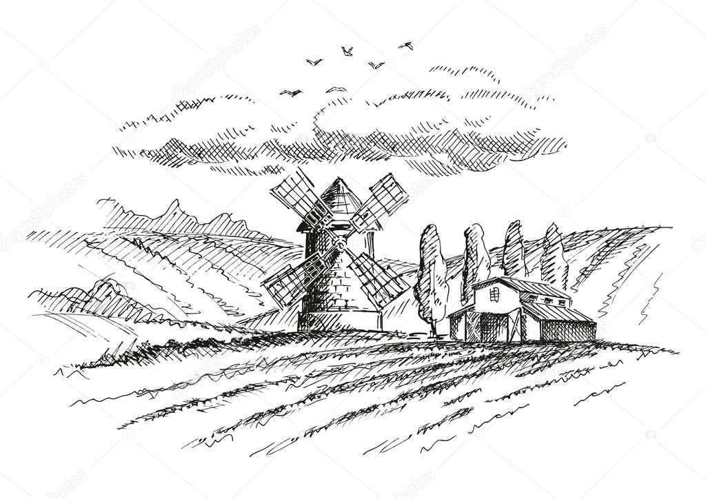 Rural landscape with mill and farm. Version