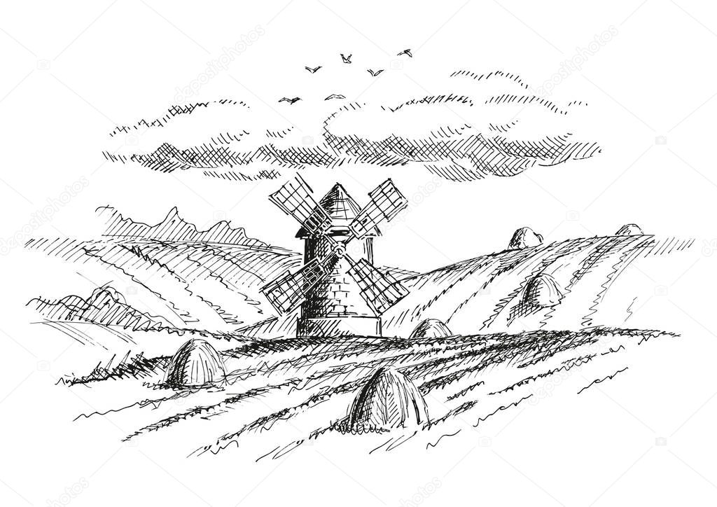 Rural landscape with a mill. Version