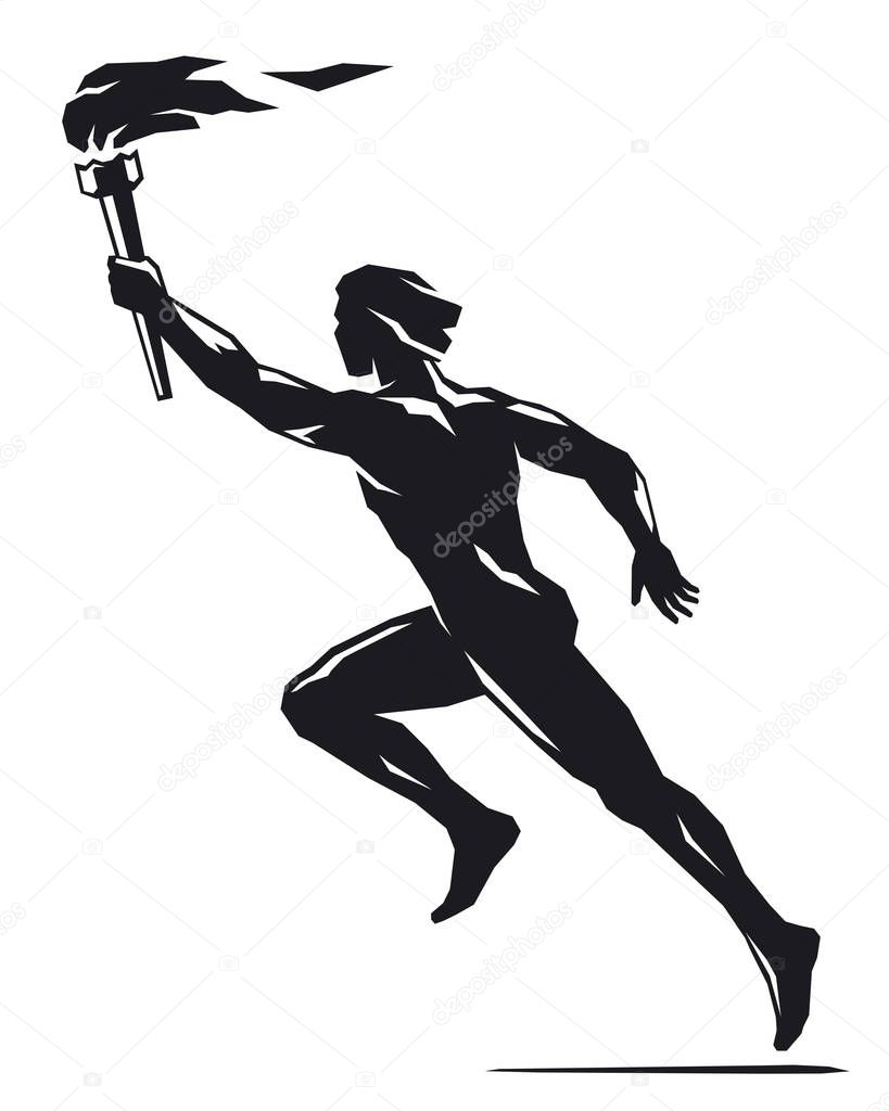 Running man with torch. Isolated illustration