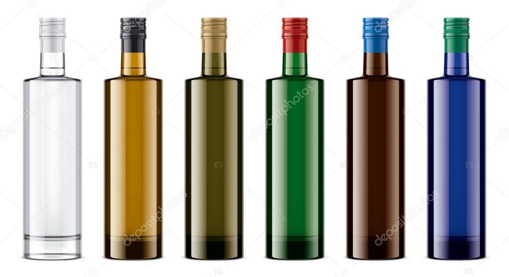 Colored glass bottles mockup. Detailed illustration