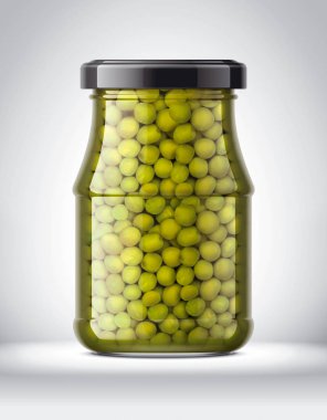 Arka Planda konserve Bezelye Cam Kavanoz. 