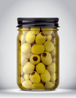 Arka planda zeytinli cam kavanoz. 