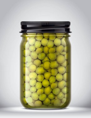 Arka Planda konserve Bezelye Cam Kavanoz. 