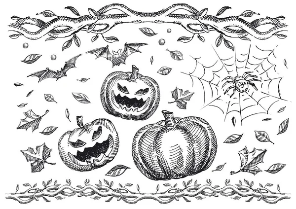 Halloween Prvky Nastaveny Ručně Vyráběné Ilustrace — Stockový vektor