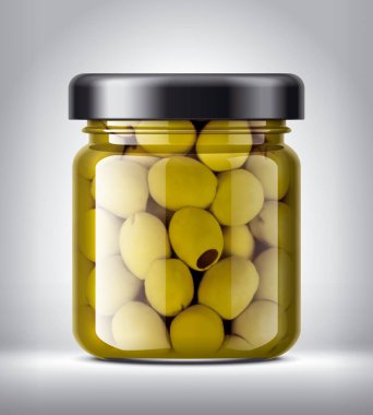 Arka planda zeytinli cam kavanoz. 