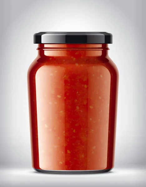 Glazen Pot Achtergrond Met Tomatensaus — Stockfoto