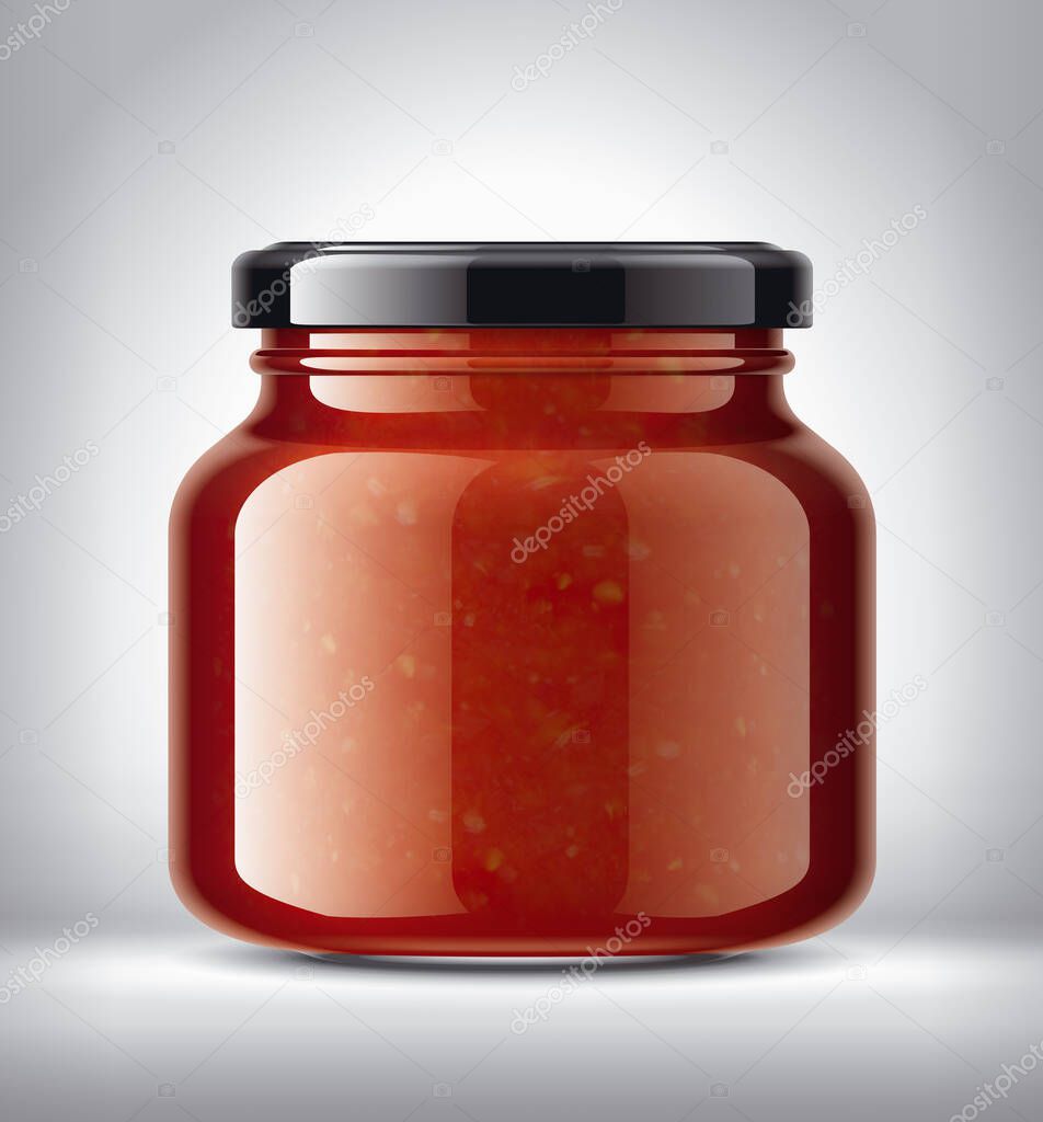 Glass Jar on Background with Tomato Sauce