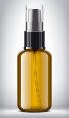 Arka planda sprey şişesi var. Parlak yüzey, şeffaf kapsül sürümü.