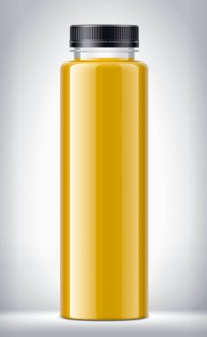 Arkaplanda Portakal Suyu ile plastik şişe. 