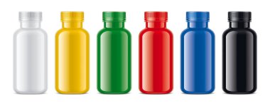 Renkli şeffaf olmayan plastik şişe seti. 