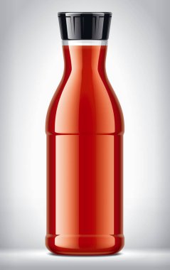 Arkaplanda domates suyu ile plastik şişe. 