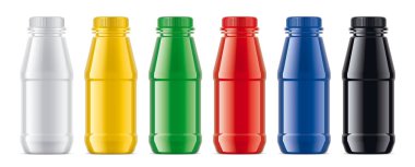 Renkli plastik şişe seti. Şeffaf olmayan sürüm. 