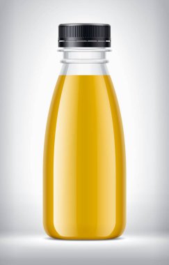 Arkaplanda Portakal Suyu ile plastik şişe. 