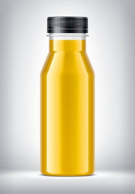 Arkaplanda Portakal Suyu ile plastik şişe. 