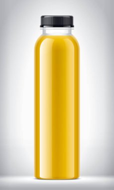 Arkaplanda Portakal Suyu ile plastik şişe. 