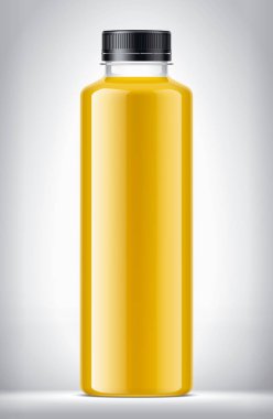 Arkaplanda Portakal Suyu ile plastik şişe. 