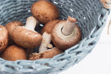 Kahverengi ham petrol mavi hasır sepet seçici odak gri.