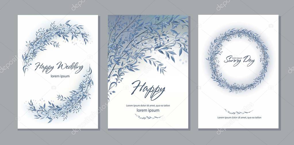 Set of card with beautiful twigs with leaves. Wedding ornament c