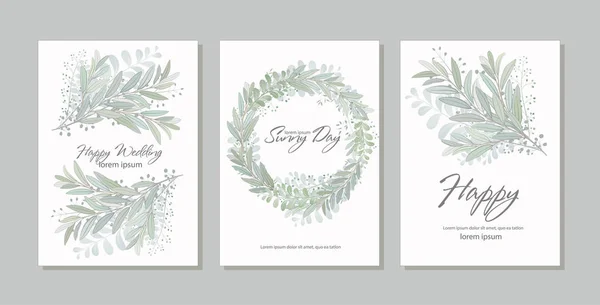 Conjunto de tarjeta con hermosas ramitas con hojas. Adorno de boda c — Archivo Imágenes Vectoriales