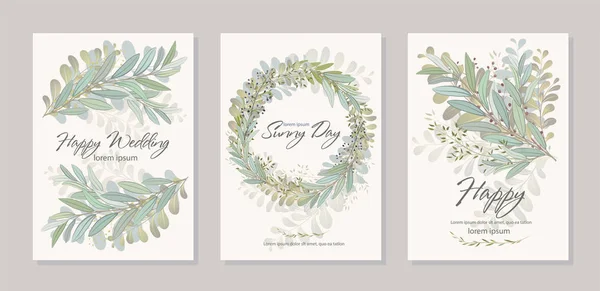 Σετ καρτών με όμορφα κλαδιά με φύλλα. Γάμος στολίδι c — Διανυσματικό Αρχείο