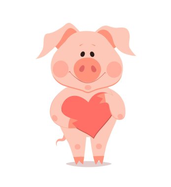 Çizgi film küçük elinde kalp ile domuz. Domuz yılı. Çene