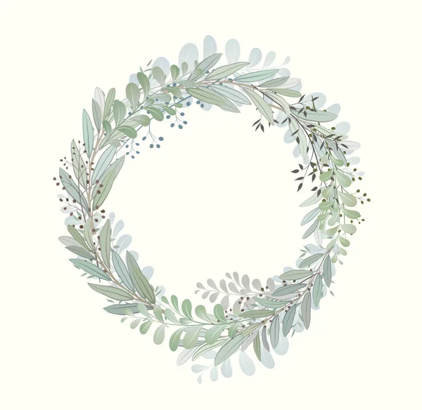 Tarjeta con hermosas ramitas con hojas. Concepto de adorno de boda. Imitación de acuarela, aislada sobre blanco. Corona esbozada, guirnalda de flores y hierbas — Vector de stock