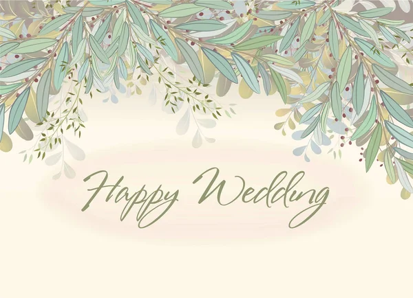 Kartu dengan ranting indah dengan daun. Konsep ornamen pernikahan. Imitasi cat air, diisolasi dengan warna putih. Sketched karangan bunga, bunga dan herbal karangan bunga - Stok Vektor