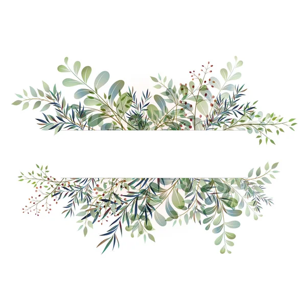 Tarjeta con hermosas ramitas con hojas. Corona esbozada, guirnalda de flores y hierbas — Vector de stock