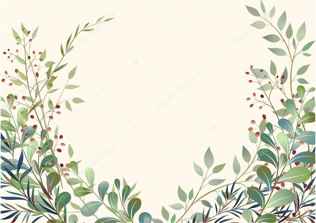 Card with beautiful twigs with leaves. Sketched wreath, floral and herbs garland