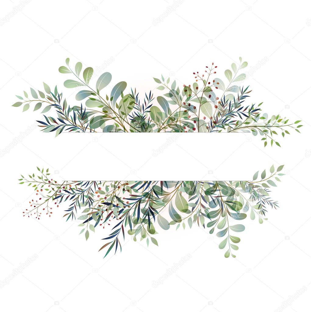 Card with beautiful twigs with leaves. Sketched wreath, floral and herbs garland