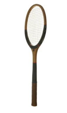 Beyaz arka plan üzerinde izole büyük tenis için eski ahşap raket      