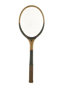 Beyaz arka plan üzerinde izole büyük tenis için eski ahşap raket      