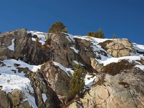 Een rots op een besneeuwde helling tegen de blauwe hemel met een Lonetree-o — Stockfoto