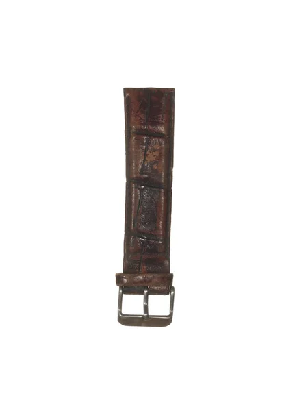 Vecchio cinturino indossato orologio marrone con fibbia in metallo isolato su whit — Foto Stock