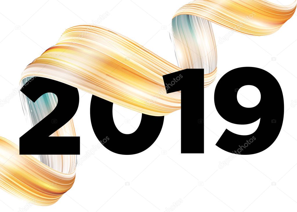 2019 Happy New Year Logo Design. Vector Background with Abstract Splash Shape. Colorful Illustration for 2019 Calendar, Poster, Greeting Card. Christmas Celebration. Acrylic Paint Xmas Design Element.