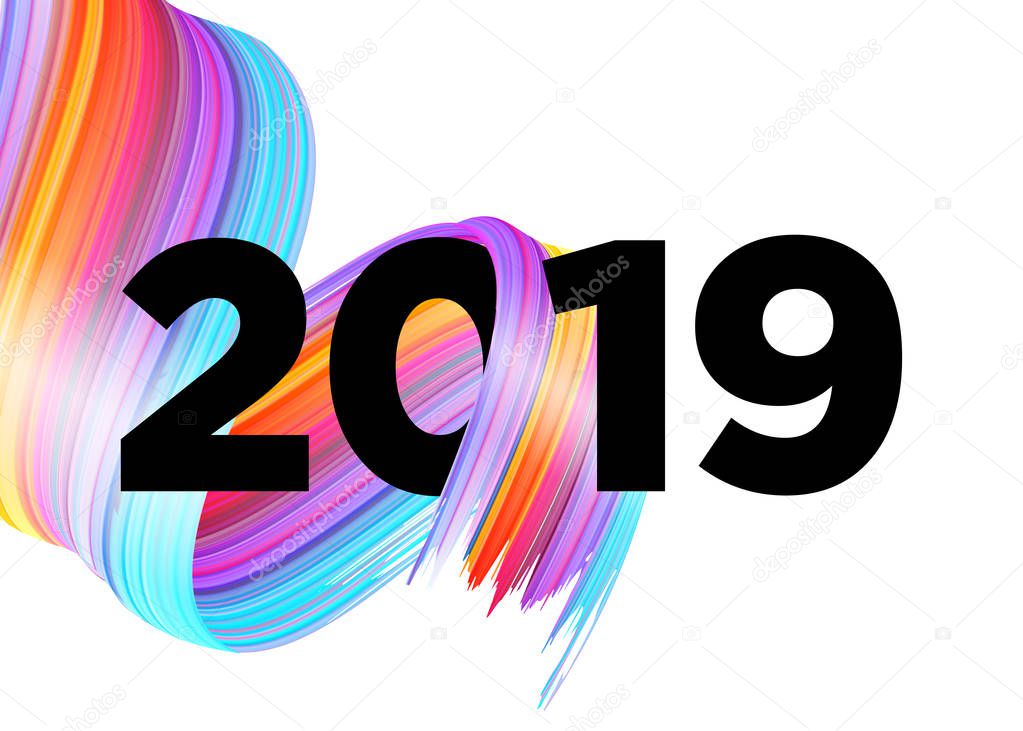 2019 Happy New Year Logo Design. Vector Background with Abstract Splash Shape. Colorful Illustration for 2019 Calendar, Poster, Greeting Card. Christmas Celebration. Acrylic Paint Xmas Design Element.