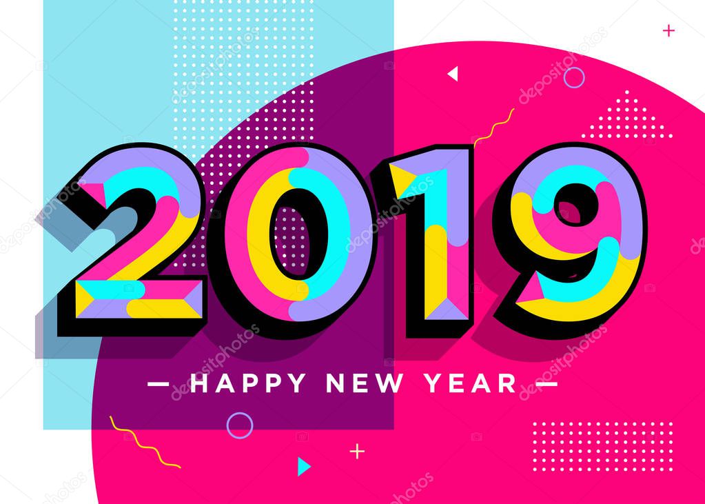 2019 Happy New Year Vector Card. Textured Numbers. Trendy Typography with Geometric Hipster Pattern in Memphis Style. Creative 2019 Logo Design. Colorful Xmas Background. Festive Christmas Banner. 