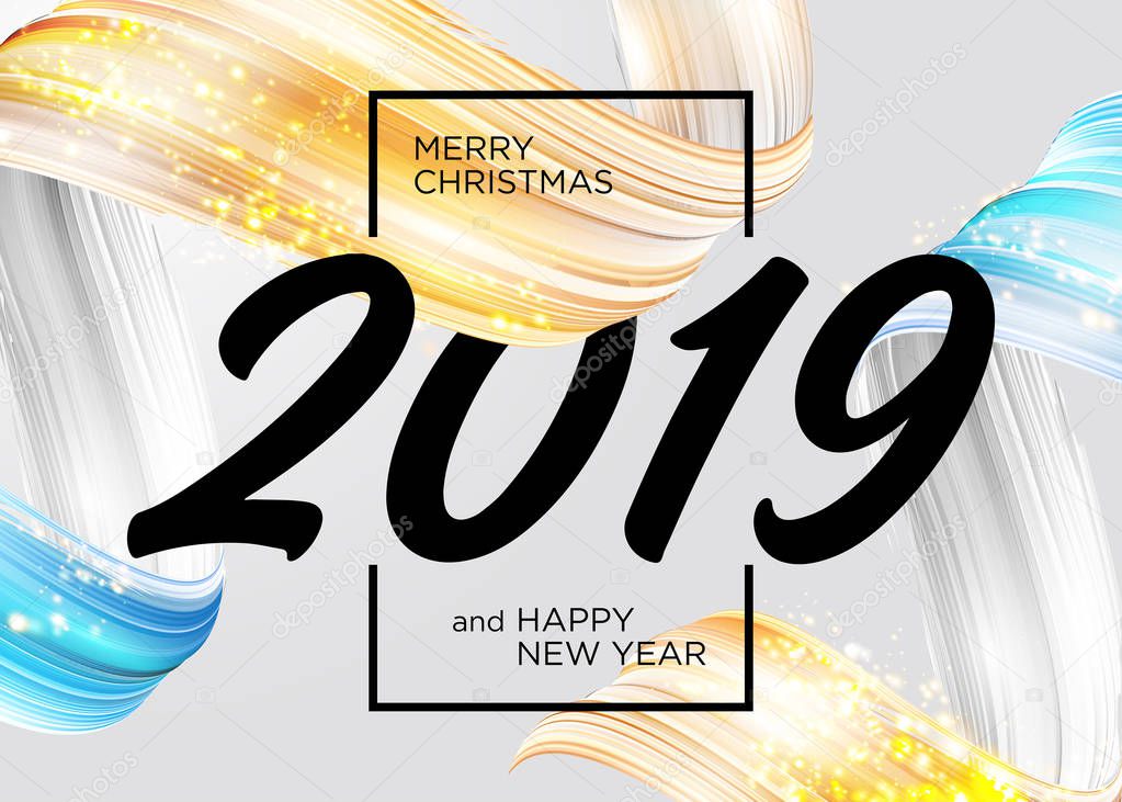 2019 Merry Christmas and Happy New Year Card Design. Vector Background with Acrylic Paint Design Element. Gold and Blue Oil Brush Stroke Texture. Abstract Liquid Glittering Brushstroke. Isolated.